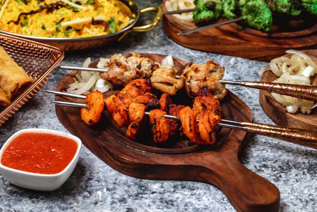 Traditional Nepali sekuwa made with grilled marinated meat and fresh herbs.